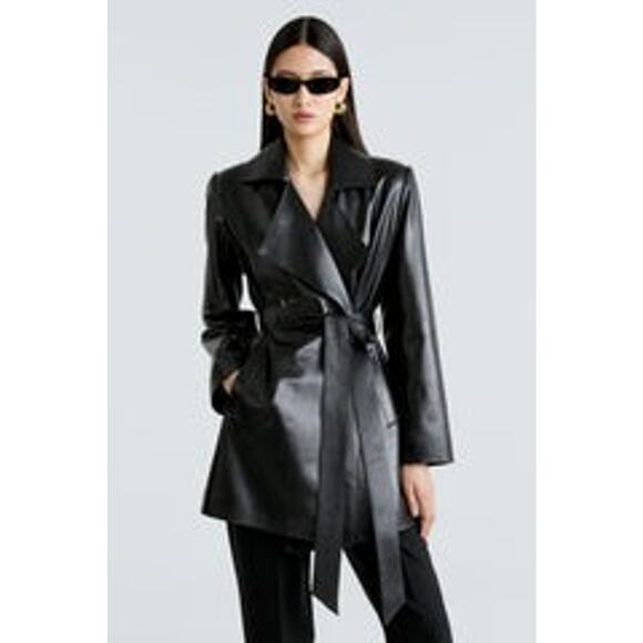 Nour Hammour Kerri Belted Ladylike Leather Jacket Black - 38 - Picture 1 of 5